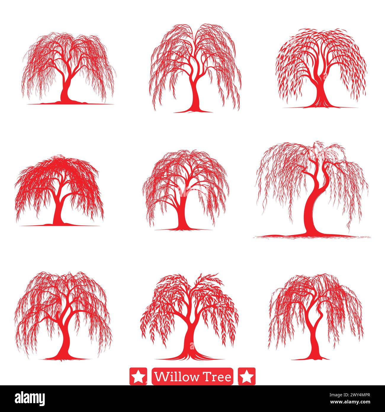 Pacchetto Silent Sentinels Willow Tree silhouette che evoca la pace e la contemplazione Illustrazione Vettoriale