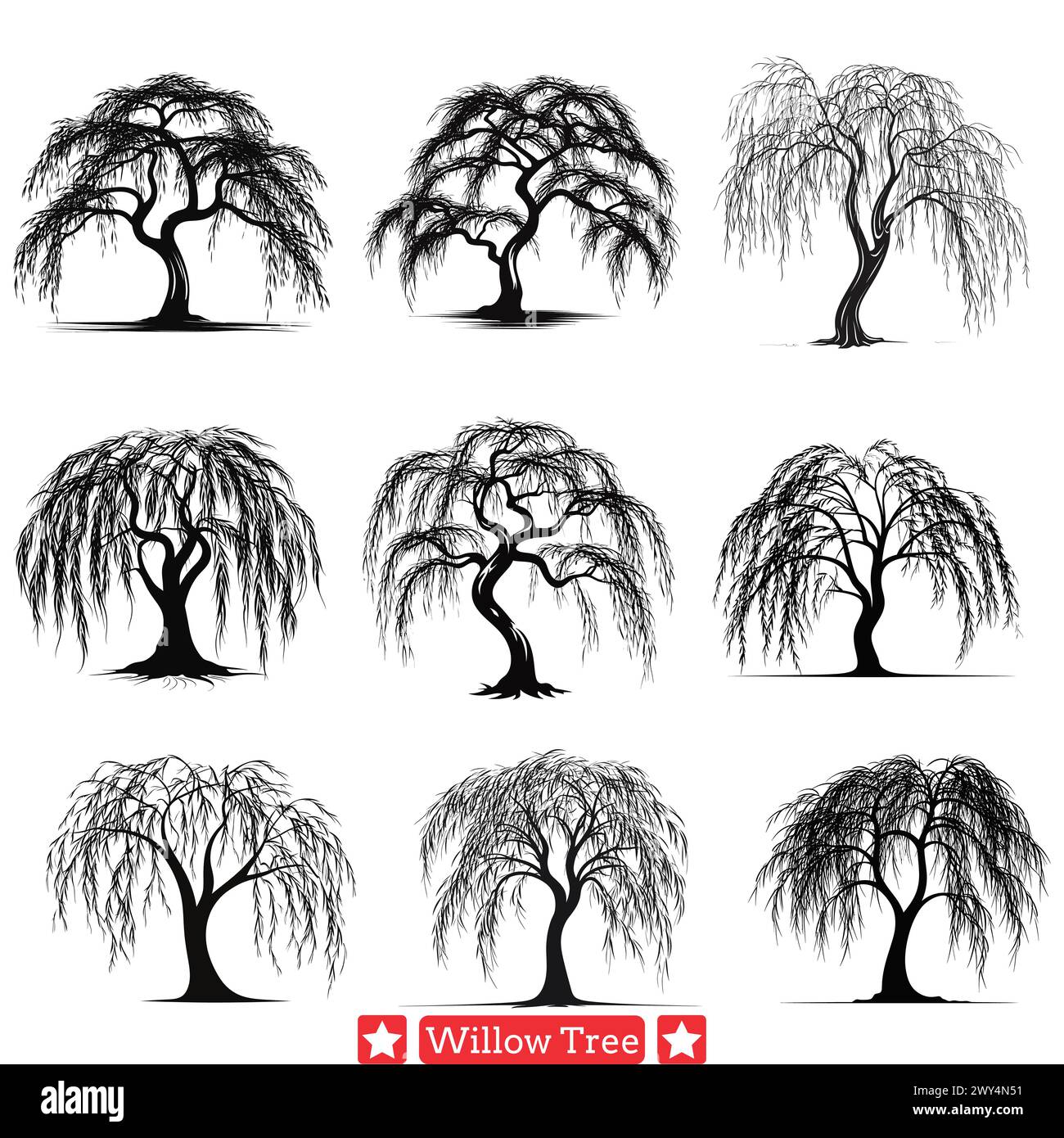 Zen Garden Inspirations Willow Tree silhouette set per atmosfere tranquille Illustrazione Vettoriale