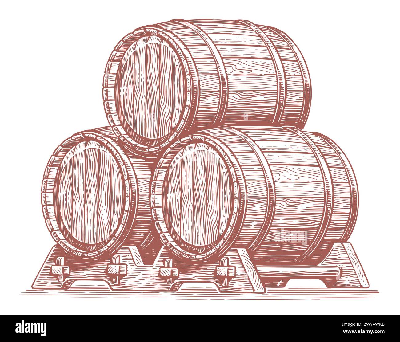 Tre botti di rovere per bevande alcoliche. Botti di legno, fusti con vino o birra. Illustrazione del vettore di schizzo disegnato a mano Illustrazione Vettoriale