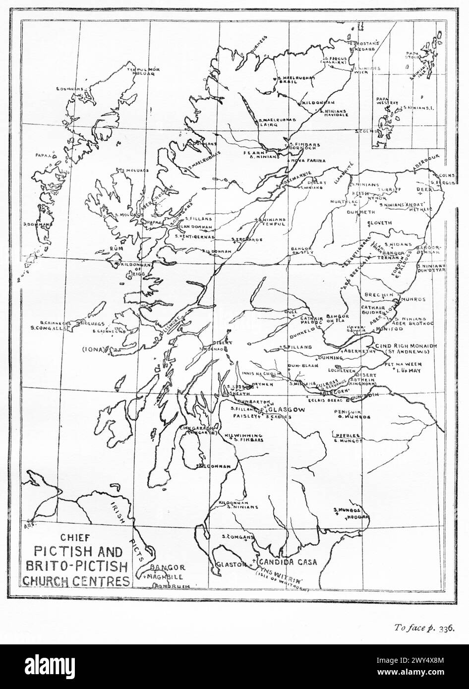 Mappa dei principali centri ecclesiastici Pitti e Brito-Pitti, dalla Nazione Pitti di Archibald Scott, 1918 Foto Stock