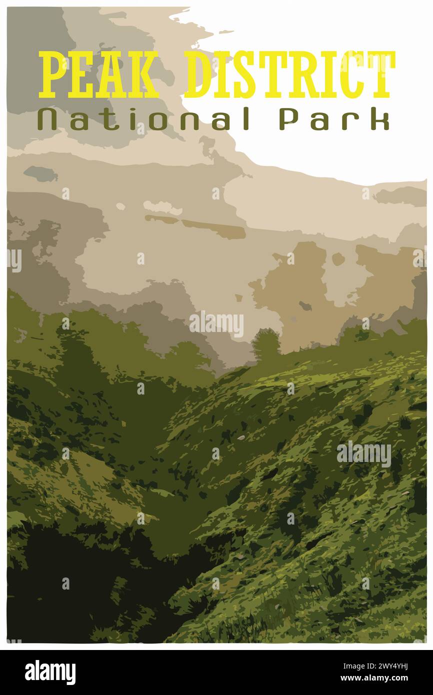 Nostalgico poster retrò di viaggio di una scena paesaggistica rurale generica dal Regno Unito nello stile di Work Projects Administration. Illustrazione Vettoriale