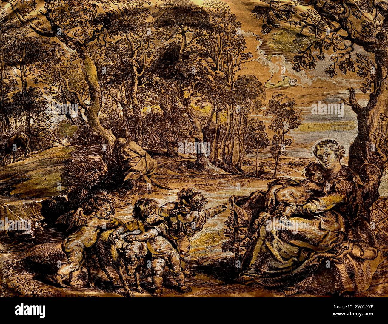 The Rest on the Flight in Egypt 1633-1635 di Christoffel Jegher (1596, Anversa – 1652, Anversa), è stato un incisore fiammingo barocco. Museo reale di Belle Arti, Anversa, Belgio, Belgio. ( Christoffel Jegher (dopo Rubens), Foto Stock
