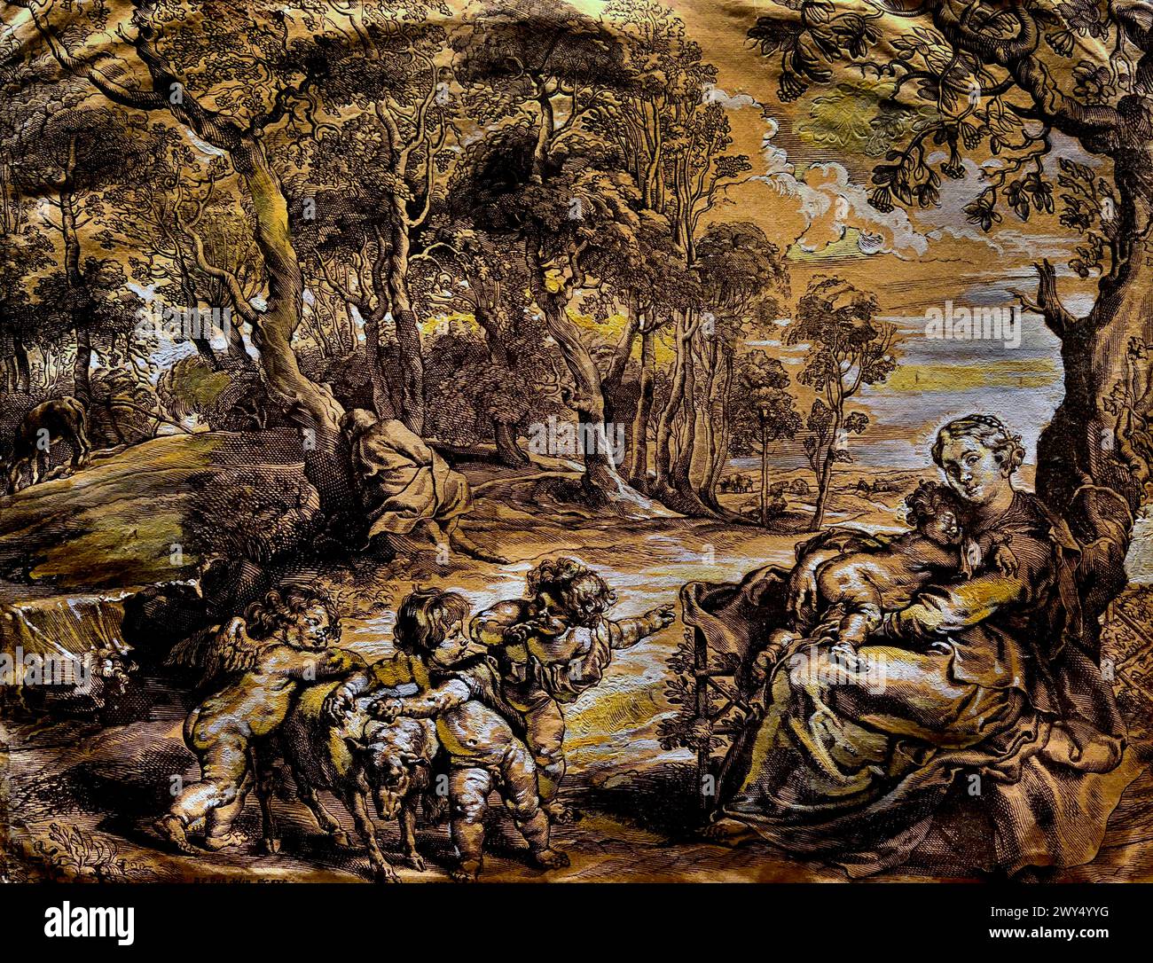 The Rest on the Flight in Egypt 1633-1635 di Christoffel Jegher (1596, Anversa – 1652, Anversa), è stato un incisore fiammingo barocco. Museo reale di Belle Arti, Anversa, Belgio, Belgio. ( Christoffel Jegher (dopo Rubens), Foto Stock
