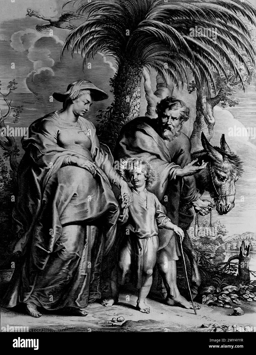 The Flight into Egypt 1620 Lucas Vorsterman (1595–1675) è stato un incisore barocco. Ha lavorato con gli artisti Peter Paul Rubens e Anthony van Dyck Royal Museum of fine Arts, Anversa, Belgio, Belgio. Foto Stock