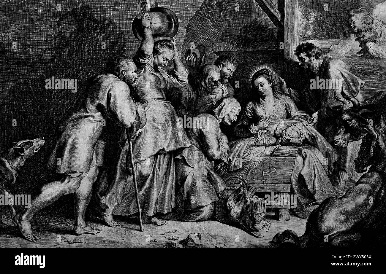 The Adoration of the Shepherds 1629 Lucas Vorsterman (1595–1675) è stato un incisore barocco. Ha lavorato con gli artisti Peter Paul Rubens e Anthony van Dyck Royal Museum of fine Arts, Anversa, Belgio, Belgio. Foto Stock