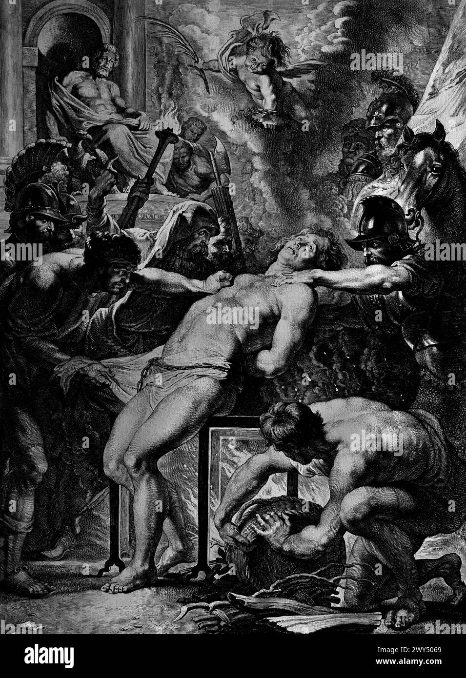 Il Martirio di San Lorenzo del 1621 di Lucas Vorsterman (1595–1675) fu un incisore barocco. Ha lavorato con gli artisti Peter Paul Rubens e Anthony van Dyck Royal Museum of fine Arts, Anversa, Belgio, Belgio. Foto Stock