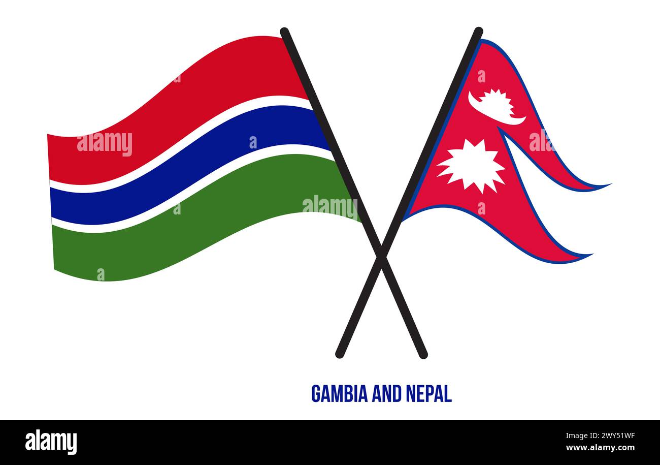 Gambia e Nepal Bandiere incrociate e ondulate in stile piatto. Proporzione ufficiale. Colori corretti. Foto Stock