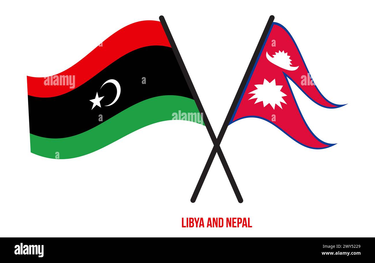 Le bandiere di Libia e Nepal hanno attraversato e ondulato lo stile piatto. Proporzione ufficiale. Colori corretti. Foto Stock