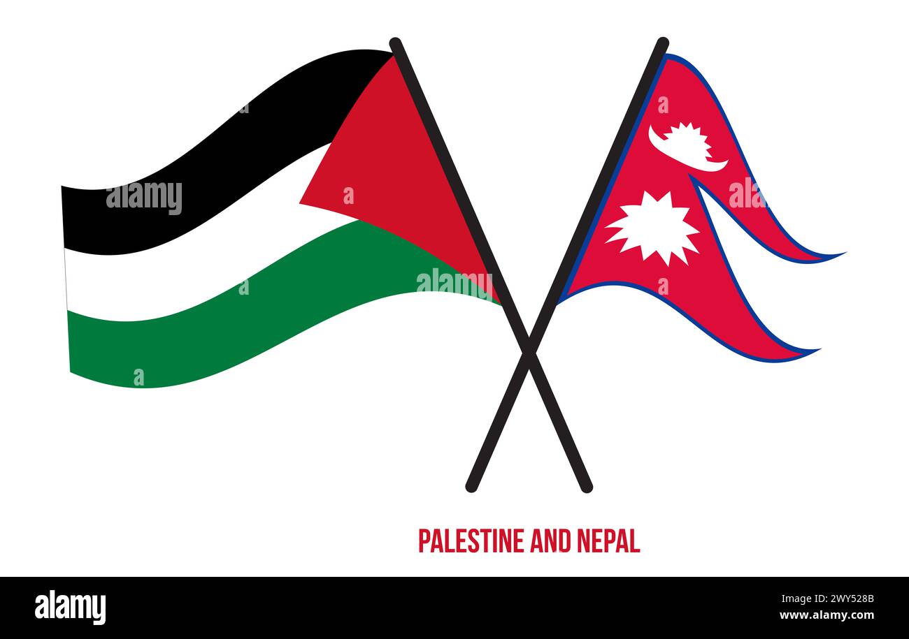 Le bandiere della Palestina e del Nepal hanno attraversato e ondulato lo stile piatto. Proporzione ufficiale. Colori corretti. Foto Stock