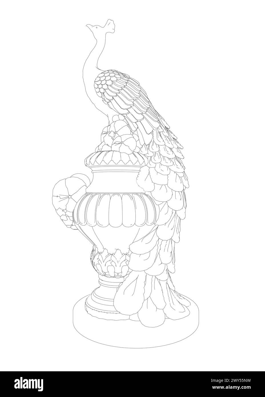 Pavone decorativo. Pagina colorazione anti-stress per adulti. Scarabocchio disegnato a mano in bianco e nero per libro da colorare. Vector Black and White Floral Peacock Illust Illustrazione Vettoriale