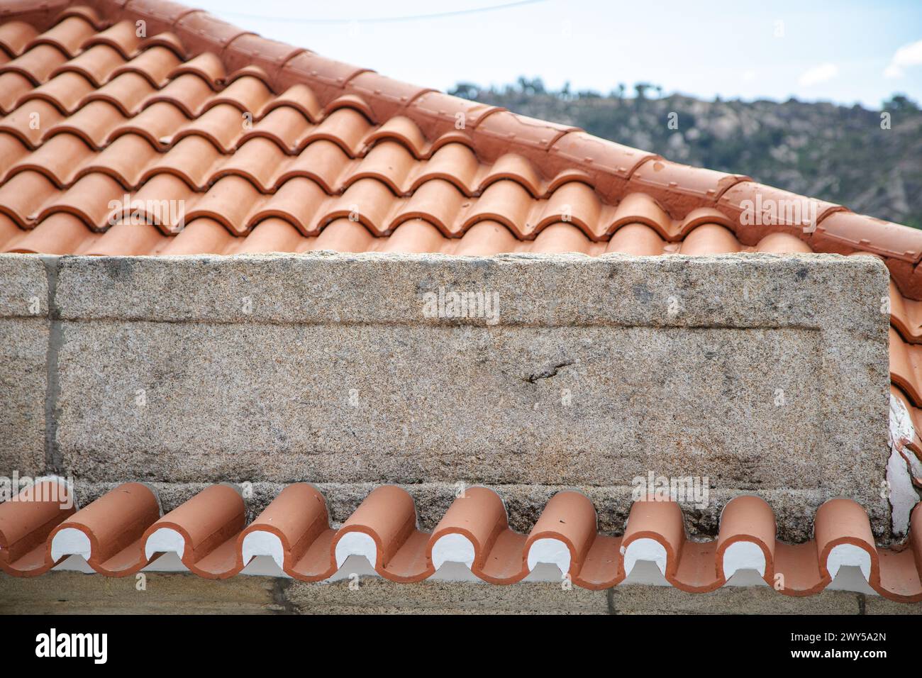 Piastrelle arancioni allineate su un tetto con dettagli in pietra. Copia spazio Foto Stock
