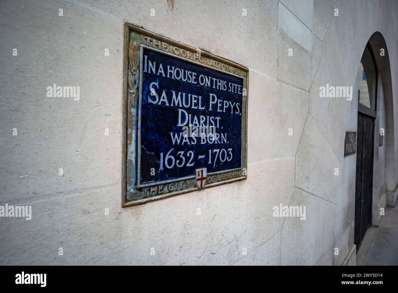 London Site of Samuel Pepys Birth Place 1633 Salisbury Court Fleets Street City of London Samuel Pepys nacque a Salisbury Court, appena fuori Fleet StRe Foto Stock