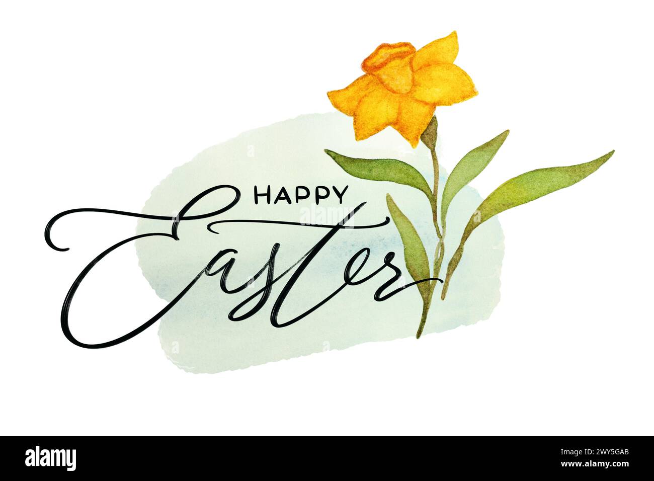 Illustrazione dei fiori dell'acquerello di Narcissus. Composizione floreale con scritta "Happy Easter". Illustrazione del fiore della molla. Composizione acquerello disegnato a mano Foto Stock