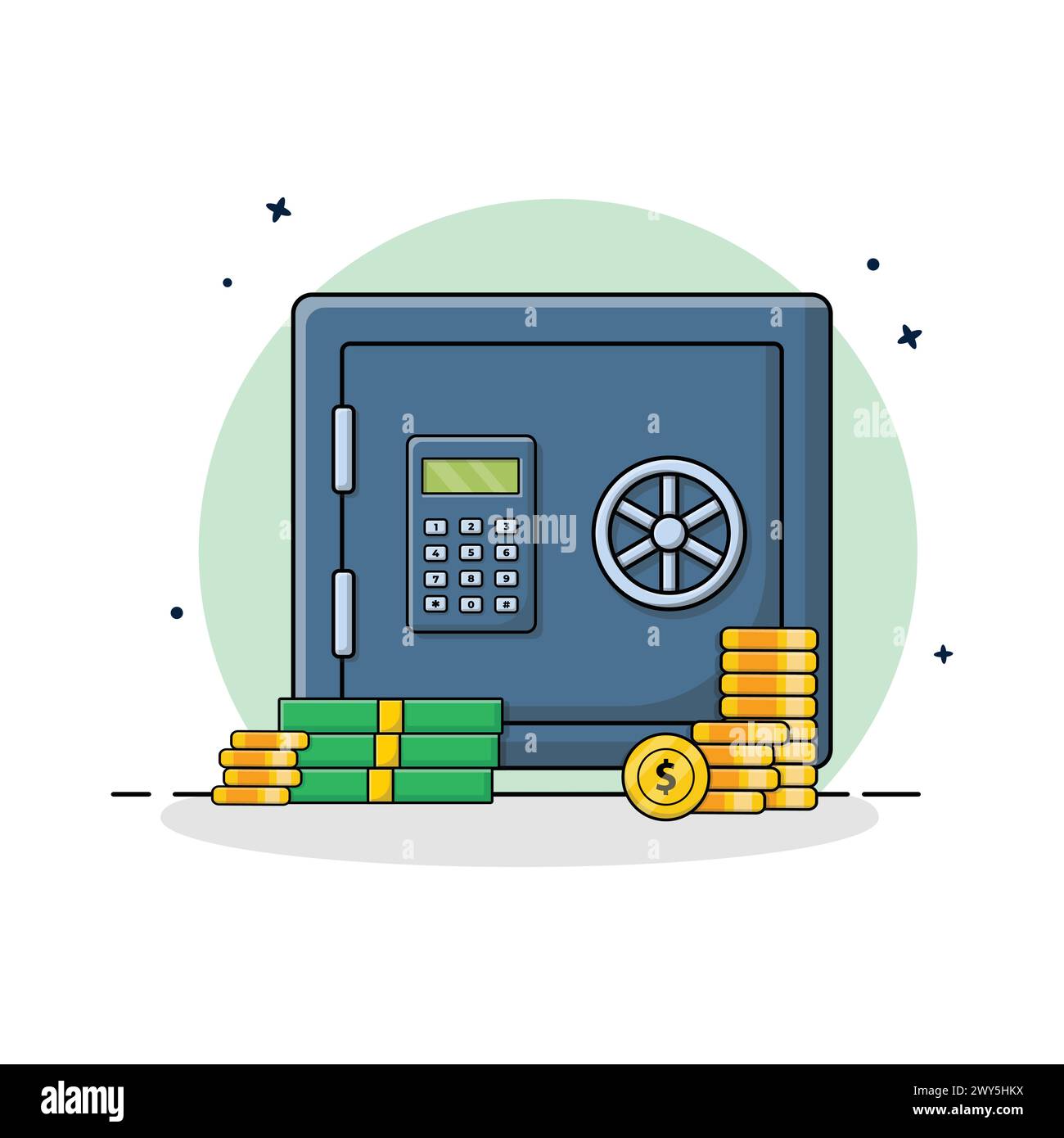 Armadietto digitale con Money and Gold Coins illustrazione vettoriale. Progettazione concettuale di Safe Box Illustrazione Vettoriale