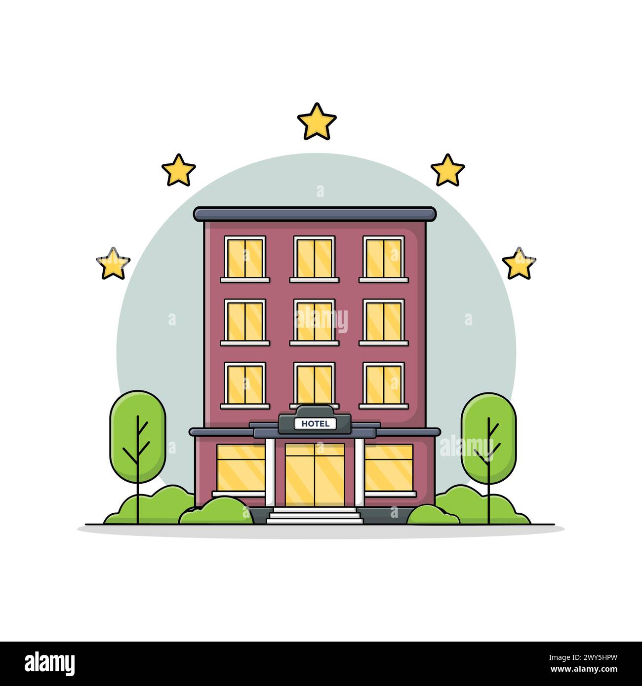 Illustrazione vettoriale dell'edificio dell'hotel a cinque stelle. Design del concetto di servizio alberghiero Illustrazione Vettoriale