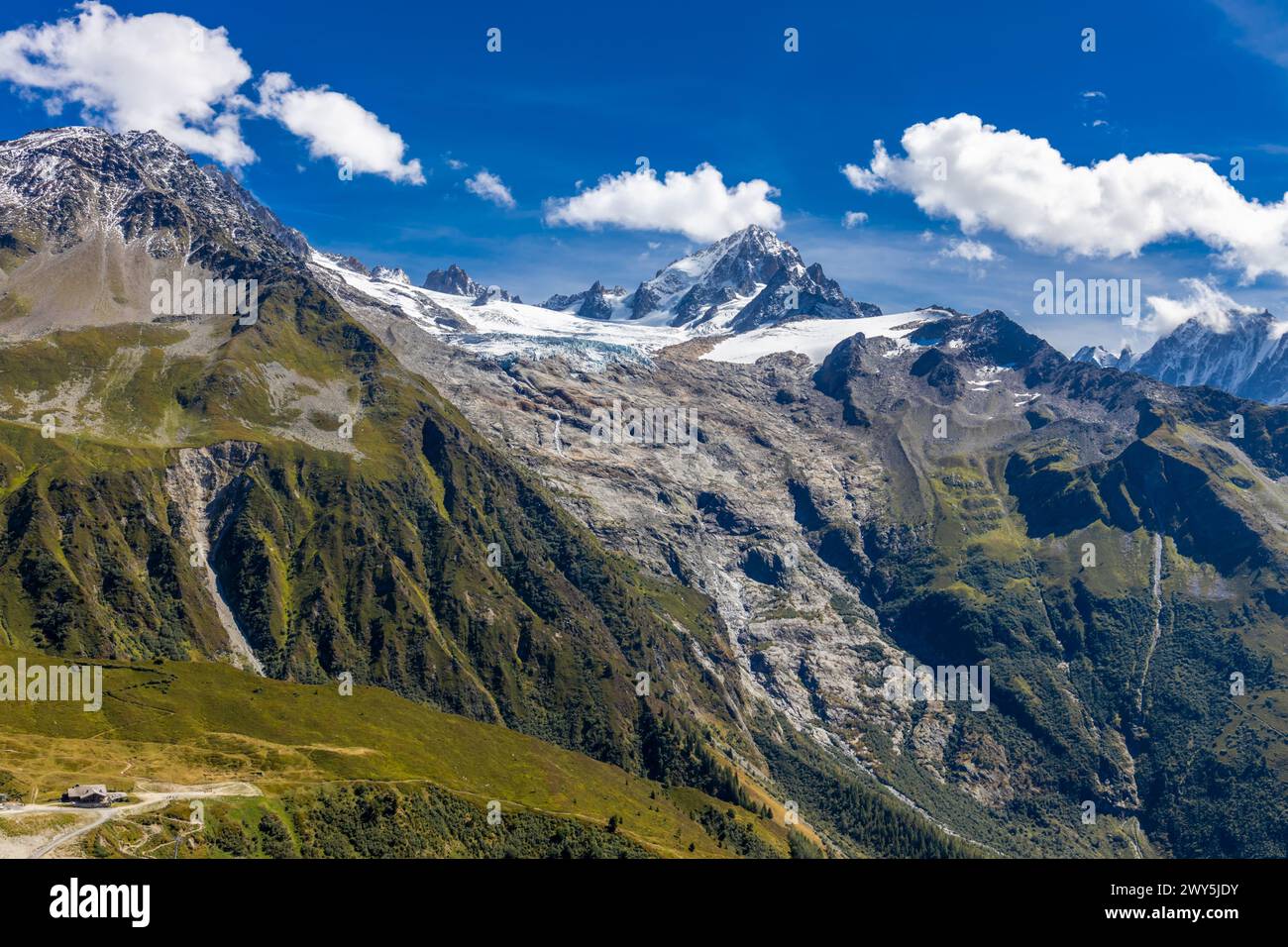 Paesaggio montano della valle di Chamonix dal sentiero escursionistico Tour du Montblanc, trekking TMB nelle Alpi. Valle verde e prato alpino in alta montagna Foto Stock