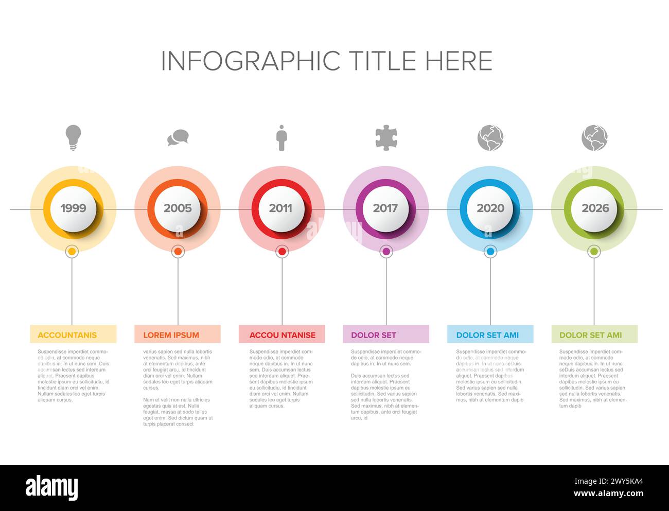 Modello di passi per le linee temporali di avanzamento luce semplice vettoriale multiuso con descrizioni, icone, numeri di anno e cerchi - infografica timeline universale l Illustrazione Vettoriale