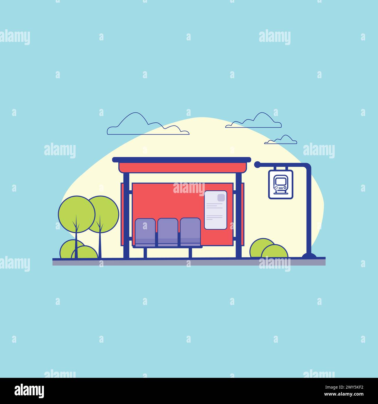 Fermata dell'autobus vuota su City Street. In attesa dell'autobus. Design moderno con illustrazione vettoriale in stile piatto e cartone animato. Illustrazione Vettoriale