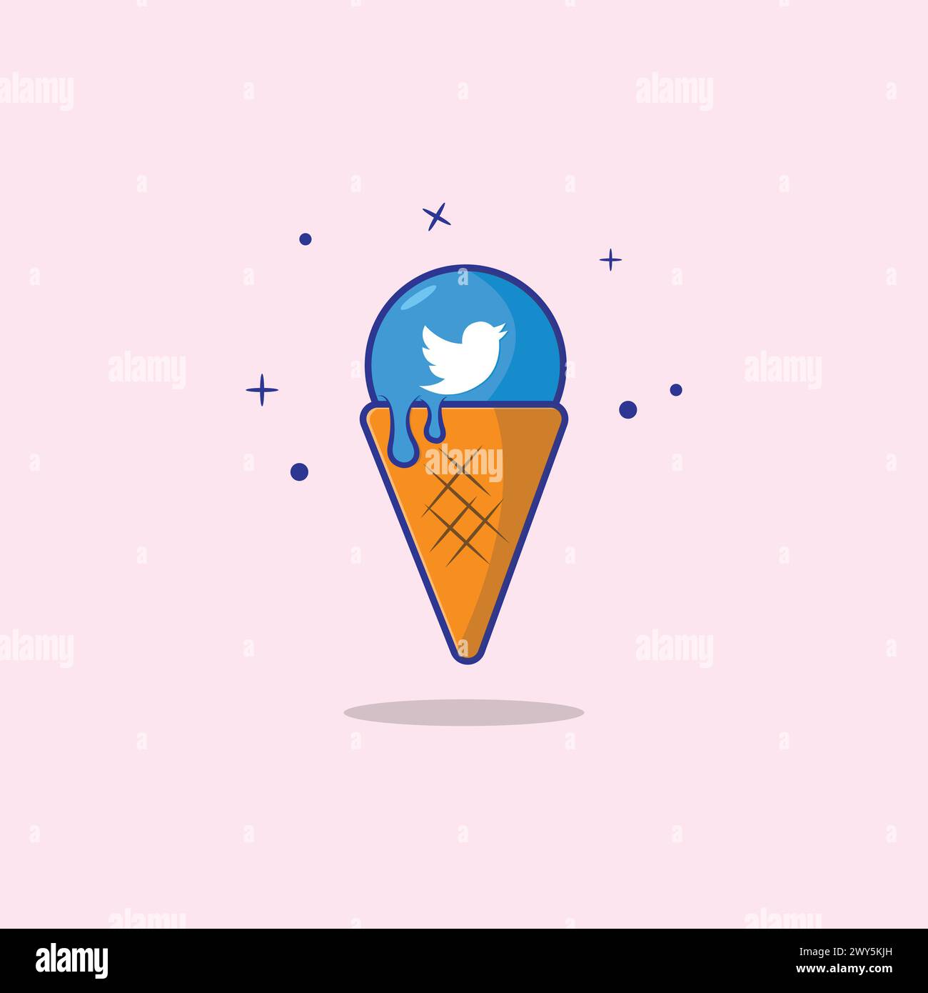 Carino Old Twitter Melting Cone Ice Cream Vector Illustration. Design piatto in stile cartoni animati per T-shirt Illustrazione Vettoriale