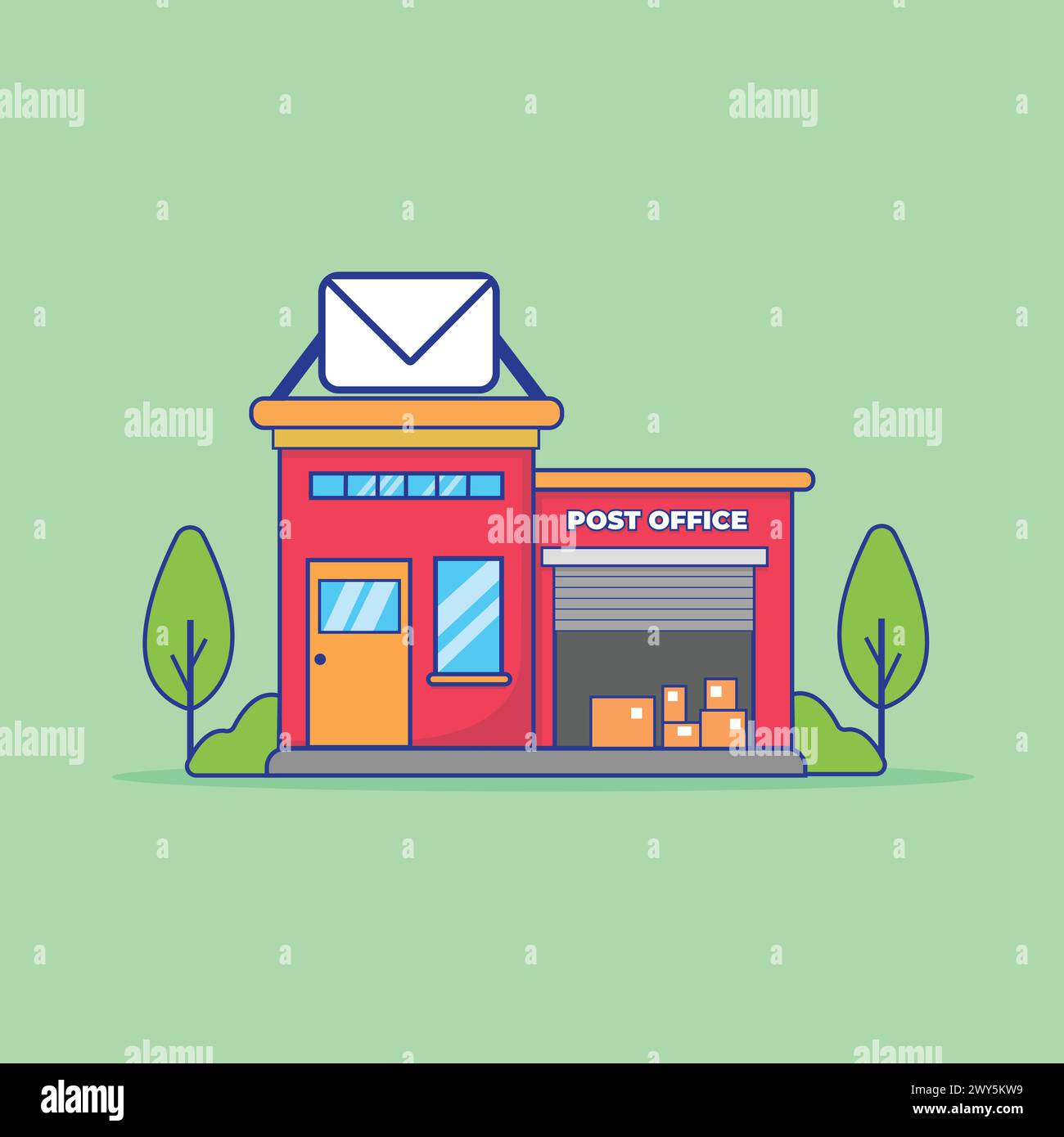Illustrazione vettoriale edificio postale. Concetto di edificio e ufficio. Icona piatta e grafica vettoriale Design stile cartone animato Illustrazione Vettoriale