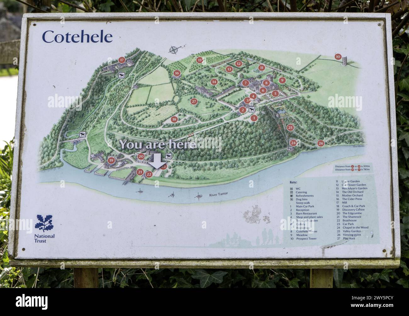 Informazioni turistiche e per i visitatori e cartina a Cotehele, Cornovaglia, Inghilterra, Regno Unito Foto Stock