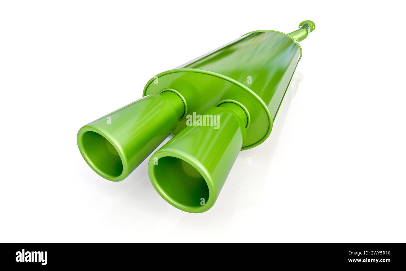 immagine in 3d di un silenziatore per auto verde, concept di un'auto verde. isolato su bianco Foto Stock