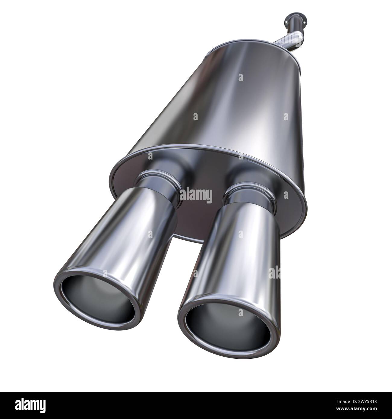 silenziatore isolato per auto in acciaio su bianco. rendering 3d. Foto Stock