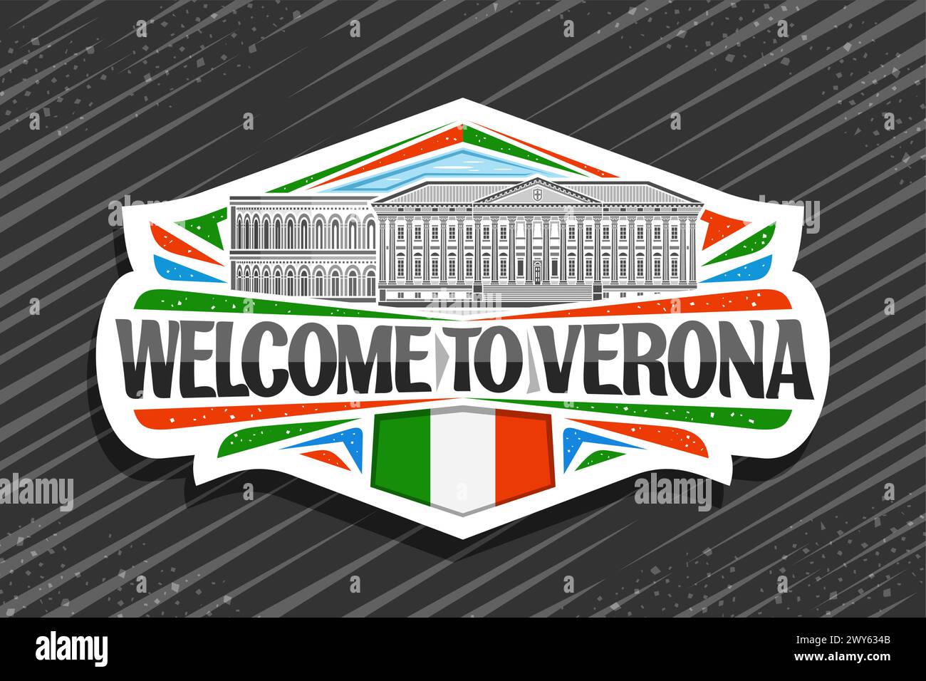 Logo vettoriale per Verona, cartellonistica decorativa bianca con illustrazione del famoso paesaggio europeo di verona sullo sfondo del cielo, rif. Design artistico Illustrazione Vettoriale