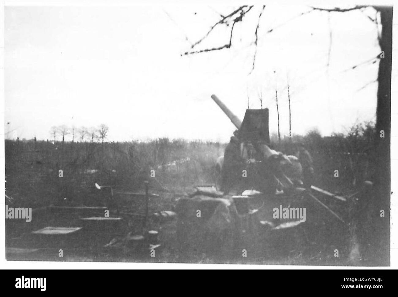 Un cannone medio da 5,5 pollici di "C" Troop, 18th Medium Regiment R.A., sparò sulle posizioni nemiche vicino a Venlo come parte di uno sbarramento all'alba durante le operazioni della 15th Scottish Division. Foto Stock