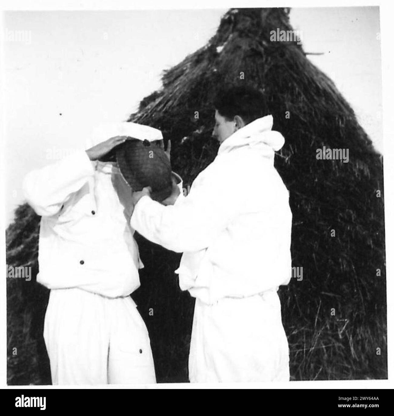 Pte A.E. Burton di Grantham è assistito da L/Cpl W.H. Lynch di Wandsworth nel indossare un casco d'acciaio sopra il cappuccio di una tuta bianca per compiti di pattuglia, British Army, 21st Army Group. Foto Stock