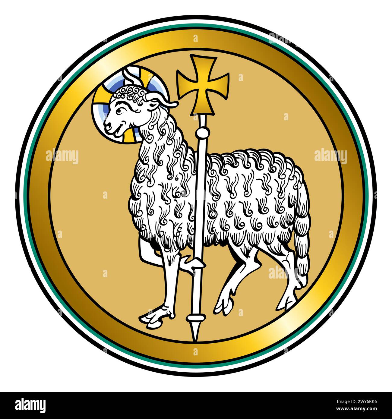 Agnus dei, Agnello di Dio, rappresentazione visiva medievale di Gesù come agnello, che porta un alone e tiene uno stendardo con una croce, simboleggiando la vittoria. Foto Stock
