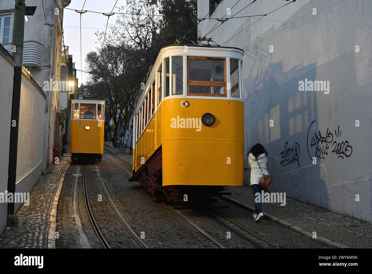 Portogallo, Lisbona: Linea ferroviaria funicolare gestita da Carris. La funicolare comprende due auto che operano parallelamente lungo due assi, che scendono e cl Foto Stock