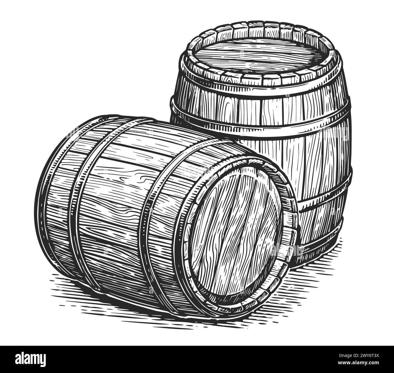 Botti di legno per bevande alcoliche. Fusti di quercia con vino o birra. Illustrazione con incisione disegnata a mano Illustrazione Vettoriale