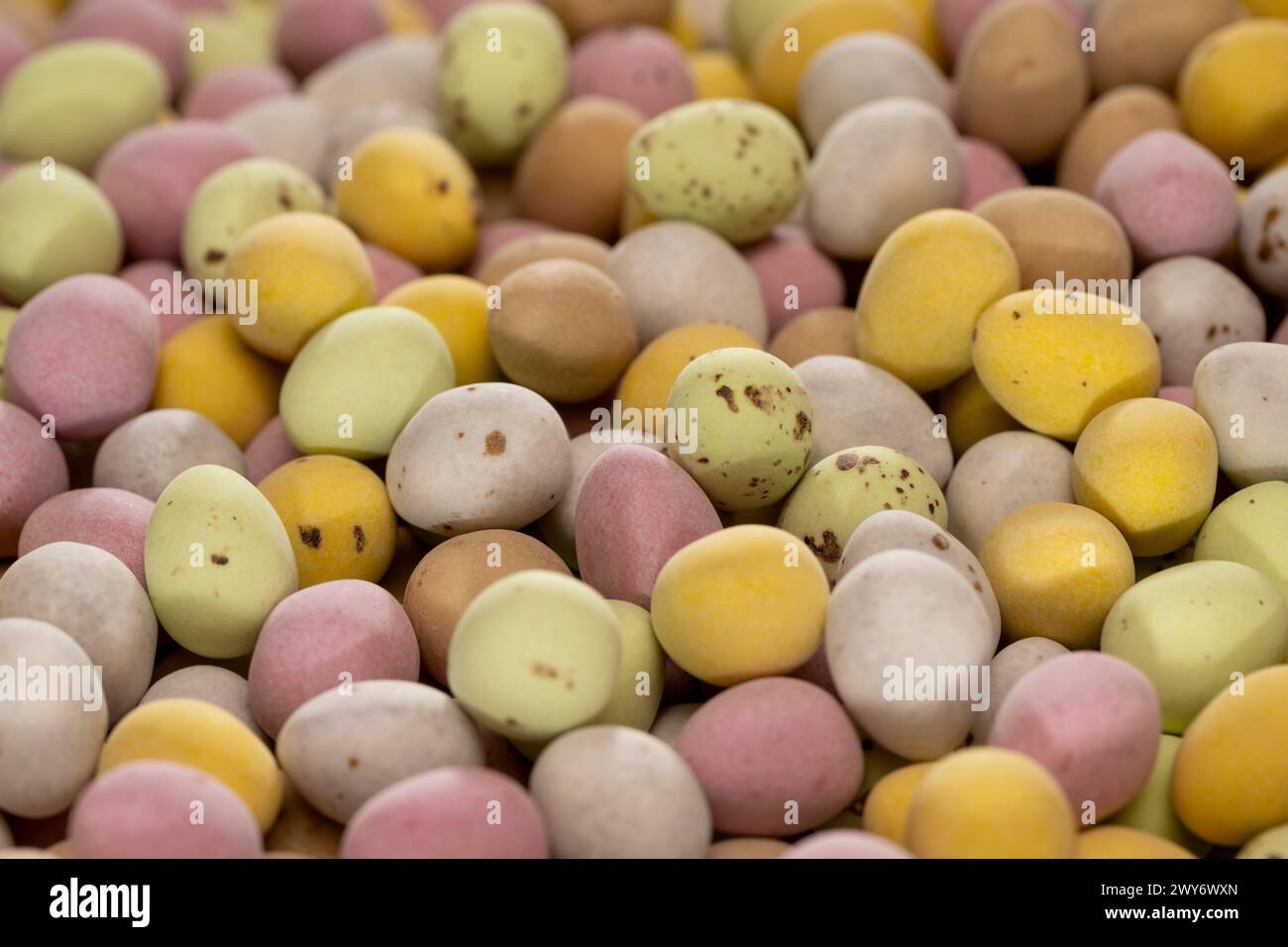 Mini uova di cioccolato color pastello ricoperte di zucchero. Foto Stock