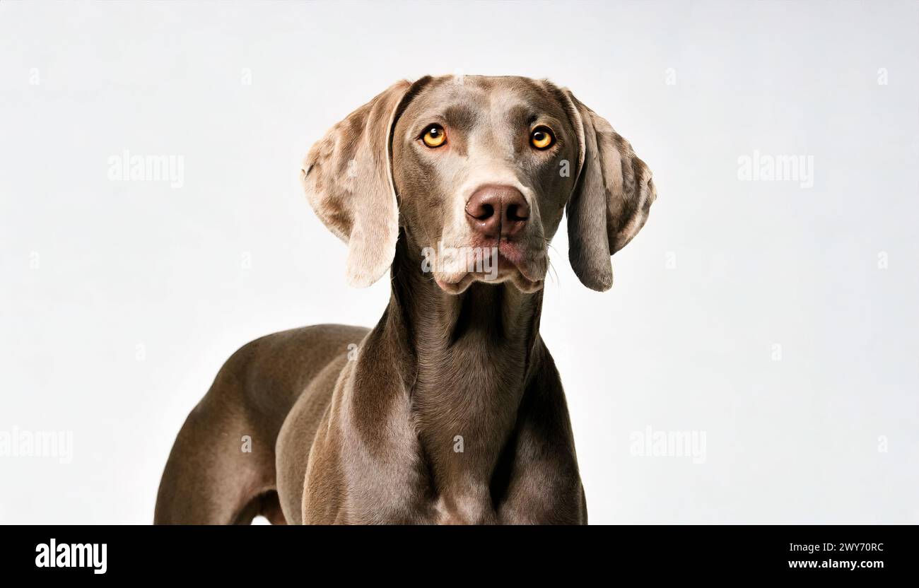 Weimaraner - Canis Lupus familiaris - razza di cane con grande disposizione e un cappotto grigio grigio. testa e viso con orecchie floppy isolate su ba bianca Foto Stock