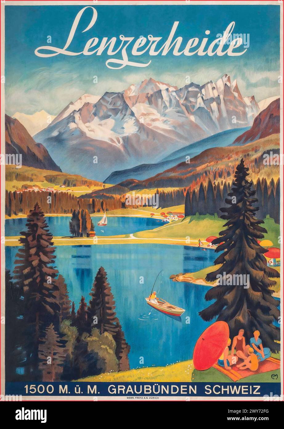 Poster da viaggio vintage per Lenzerheide dell'artista Carl Moos. Località montana nel cantone di Graubünden, in Svizzera, ai piedi del Parpaner Rothorn. Il villaggio si trova nel comune di Vaz/Obervaz nel distretto di Albula, sottodistretto di Alvaschein. SCHWEIZ. Foto Stock