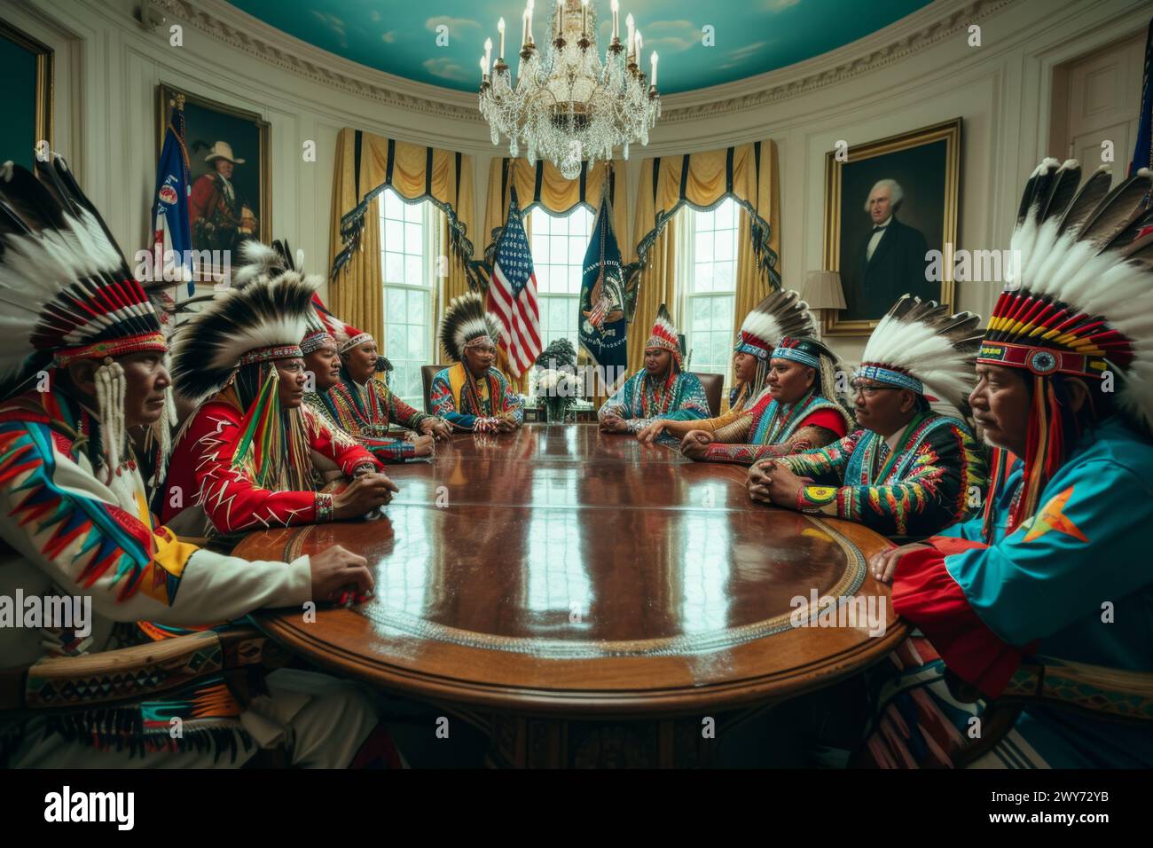 Molte persone sono sedute ad un tavolo di legno. Foto Stock