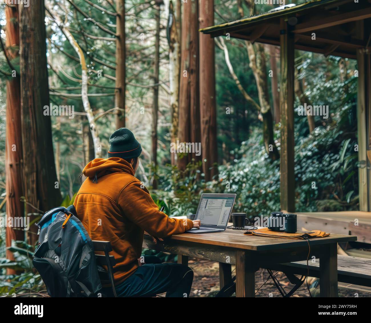 Un uomo è seduto a un tavolo di legno in una foresta, a lavorare sul suo portatile. Indossa una giacca marrone e un cappello verde. Concetto di solitudine e pace Foto Stock