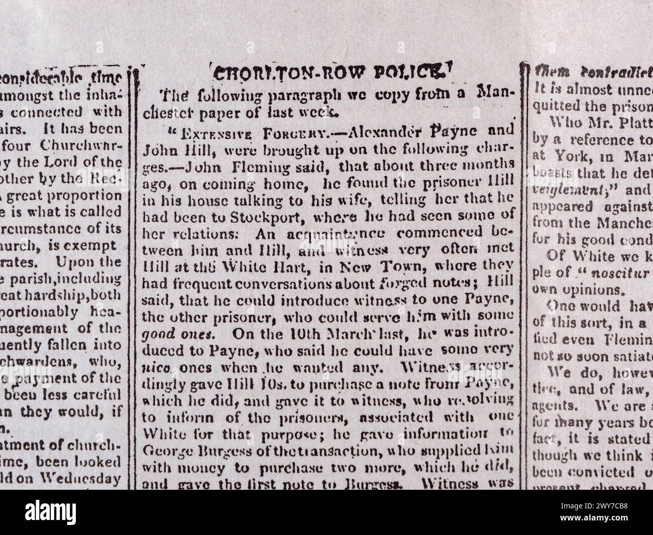 Articolo della polizia sul caso di banconote falsificate nel Manchester Guardian (replica), sabato 5 maggio 1821. Foto Stock