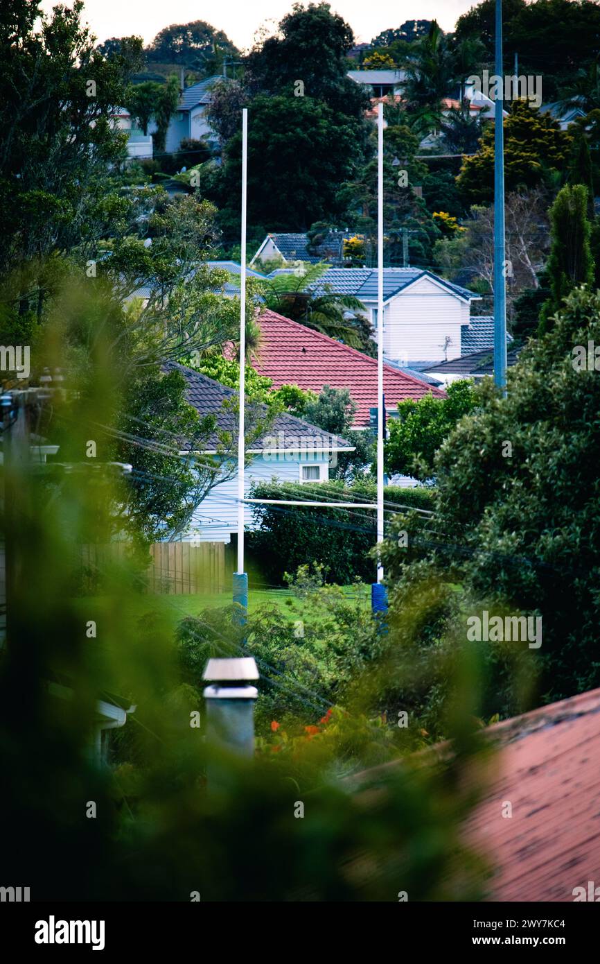 Posti di Rugby ad Auckland, incorniciati da case e alberi di periferia. Fredda mattina d'inverno Foto Stock