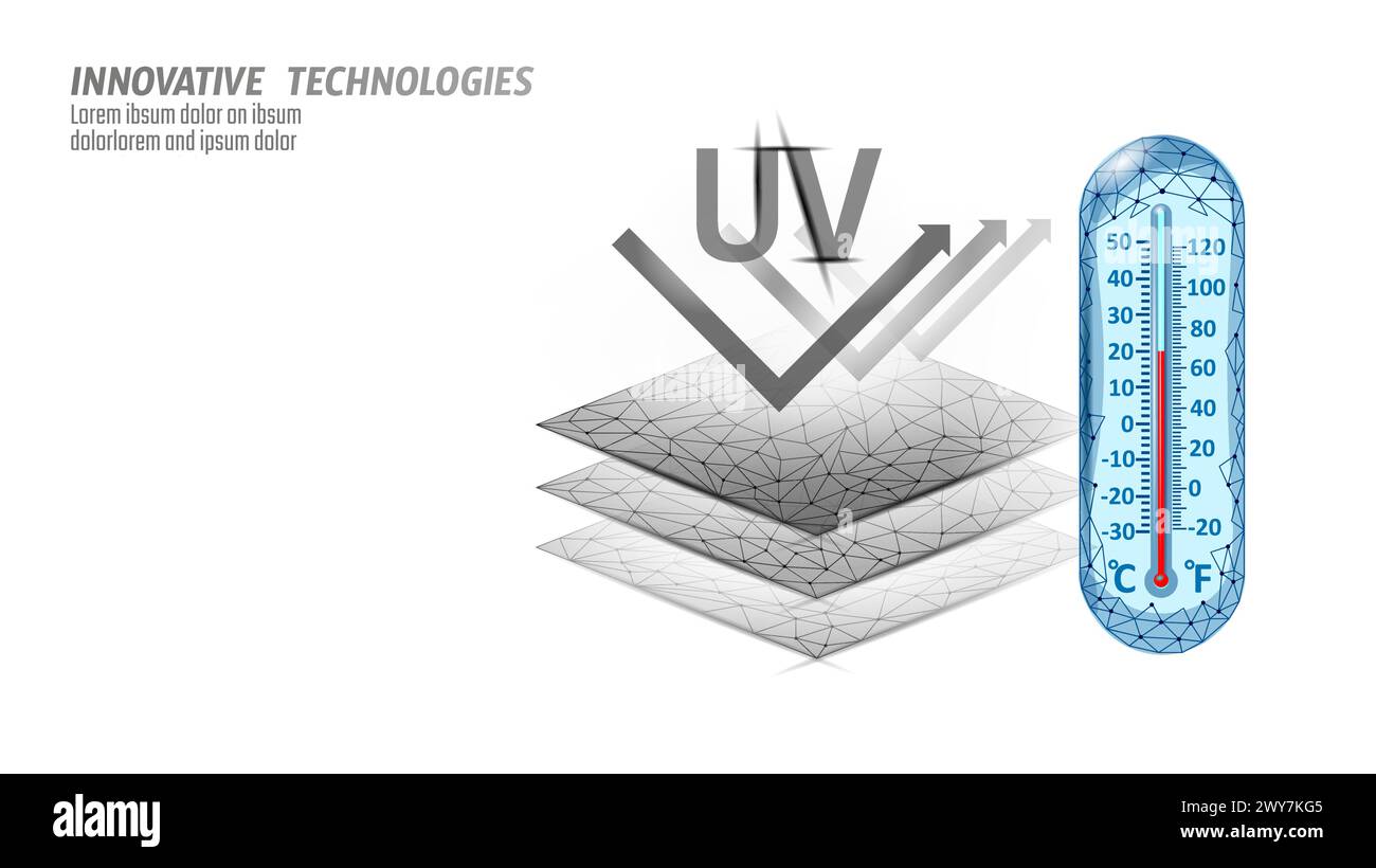 Proprietà della membrana di protezione UV 3D. Etichetta della protezione solare sportiva in tessuto. Abbigliamento design digitale raggi ultravioletti sicurezza resistenza alla pelle vettore Illustrazione Vettoriale
