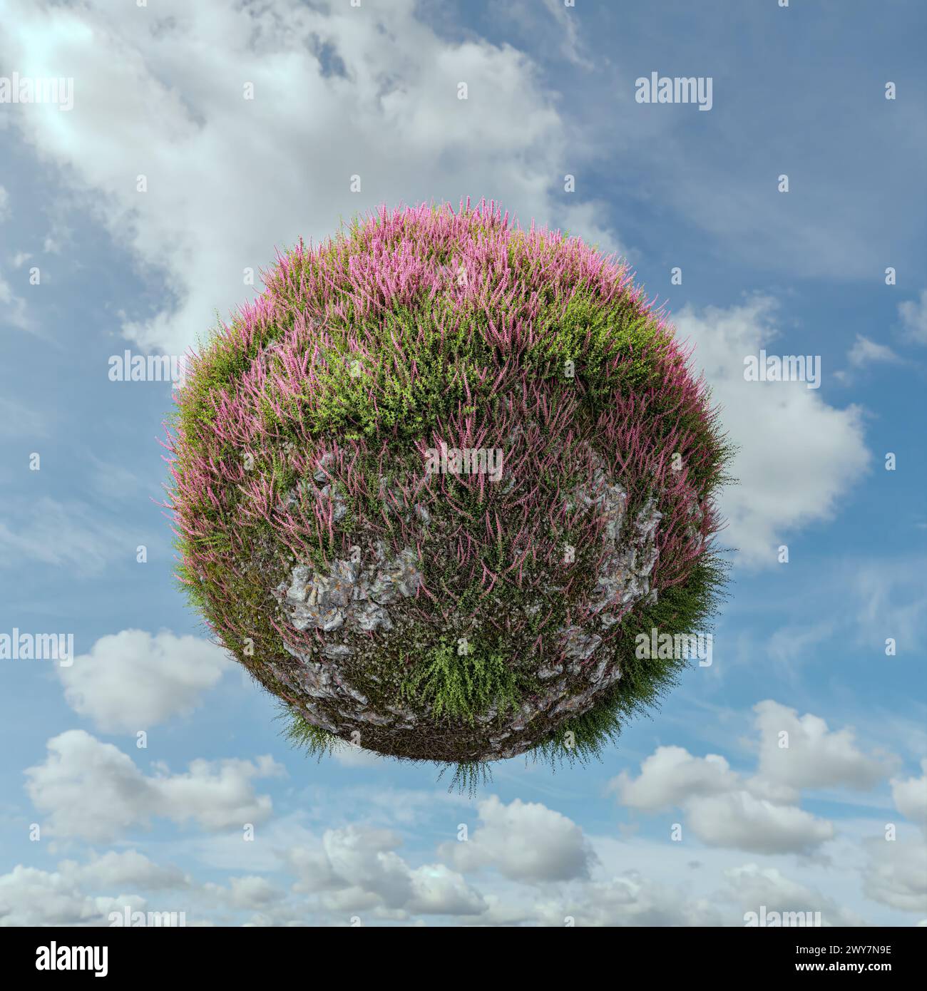 Rendering 3D della sfera rocciosa coperta da erica e muschio contro il cielo blu Foto Stock
