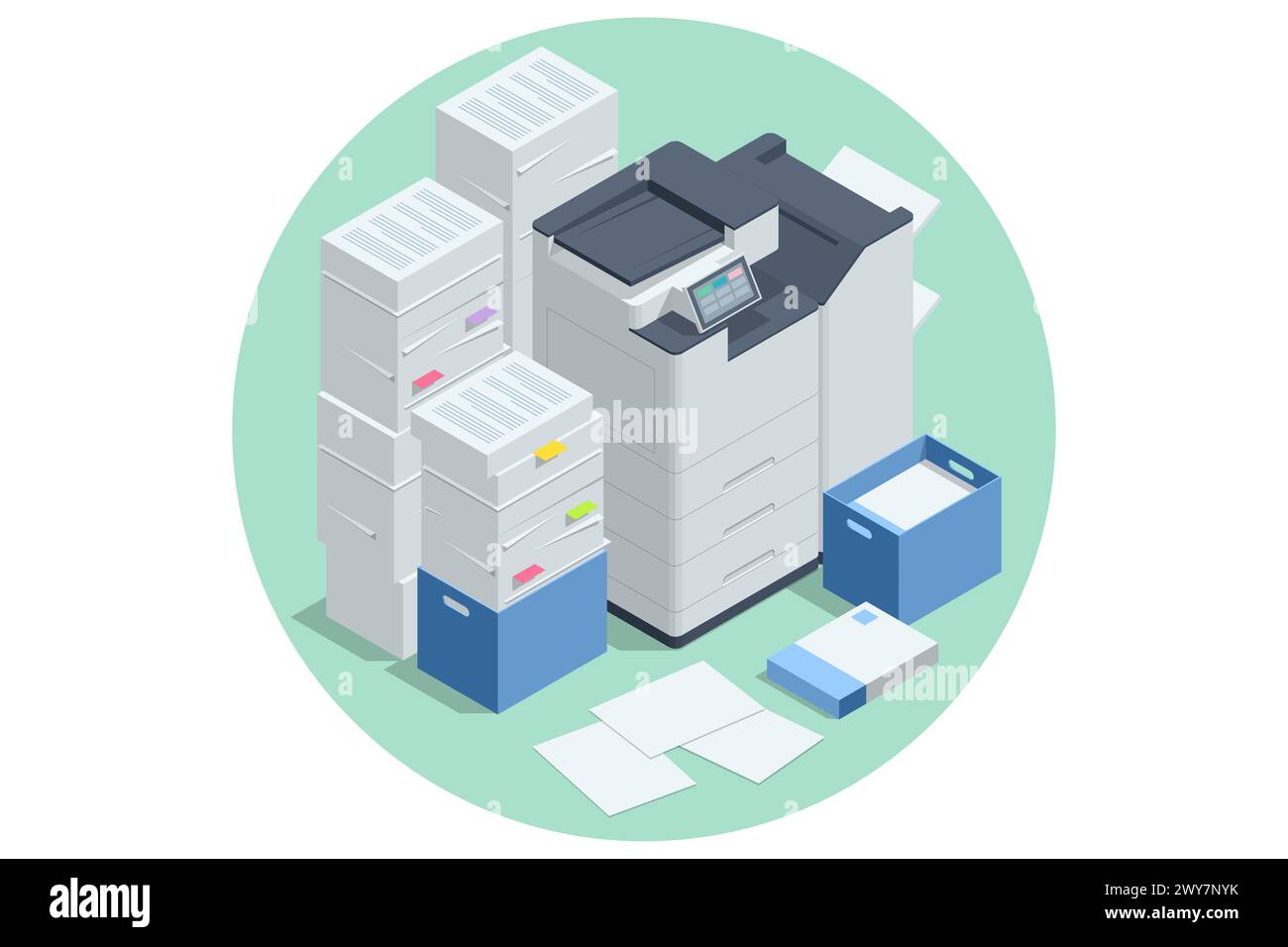 Scanner Isometric Office Multi-Function Printer. Stampa, copia, scansione, fax. Per documenti d'ufficio, presentazioni e materiale di marketing, con Enterprise Illustrazione Vettoriale