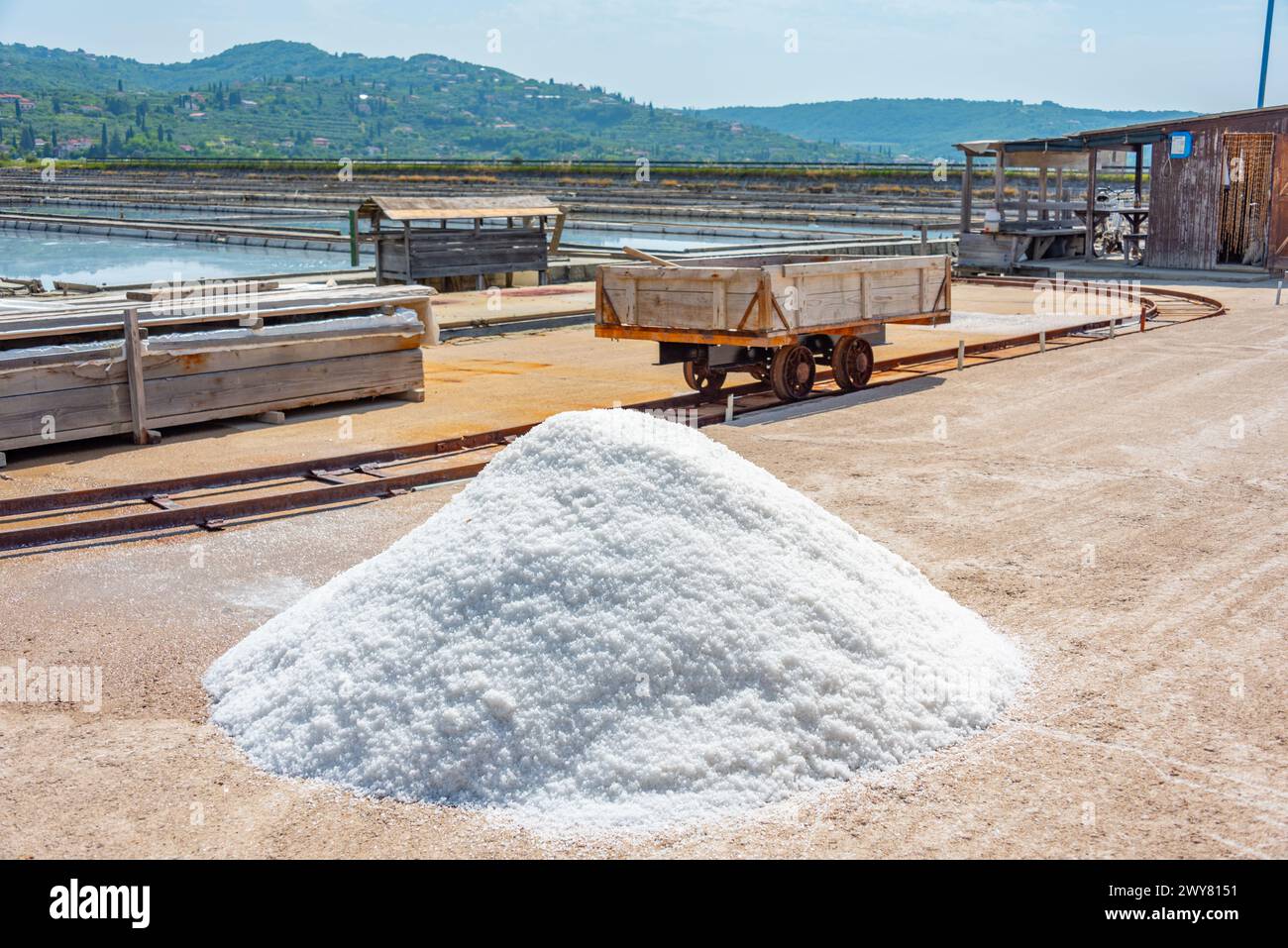 Impianti industriali del Parco naturale Secovje Saltpans in Slovenia Foto Stock