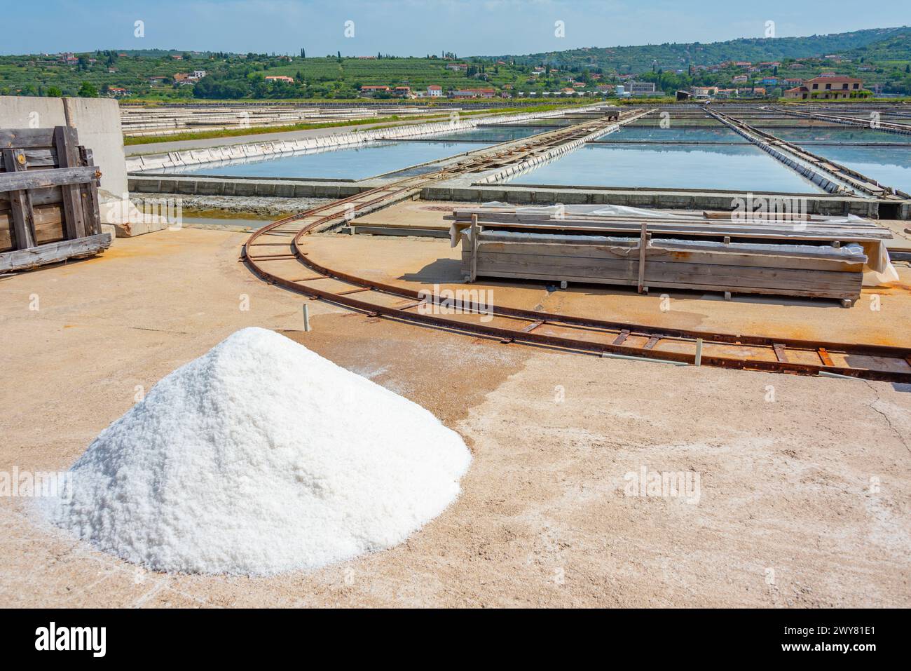 Impianti industriali del Parco naturale Secovje Saltpans in Slovenia Foto Stock