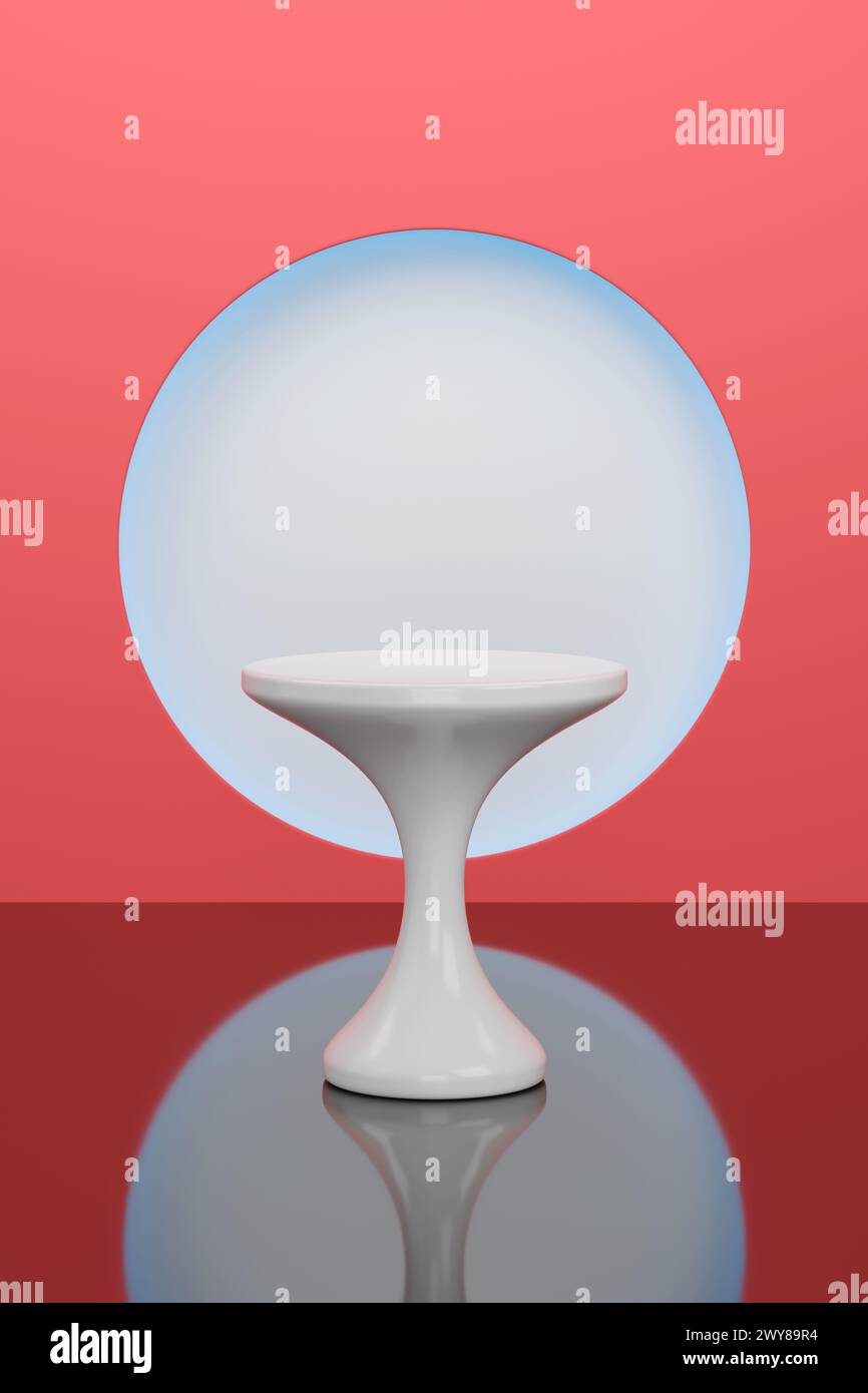 Podio in plastica bianco su sfondo rosso. illustrazione 3d. Foto Stock