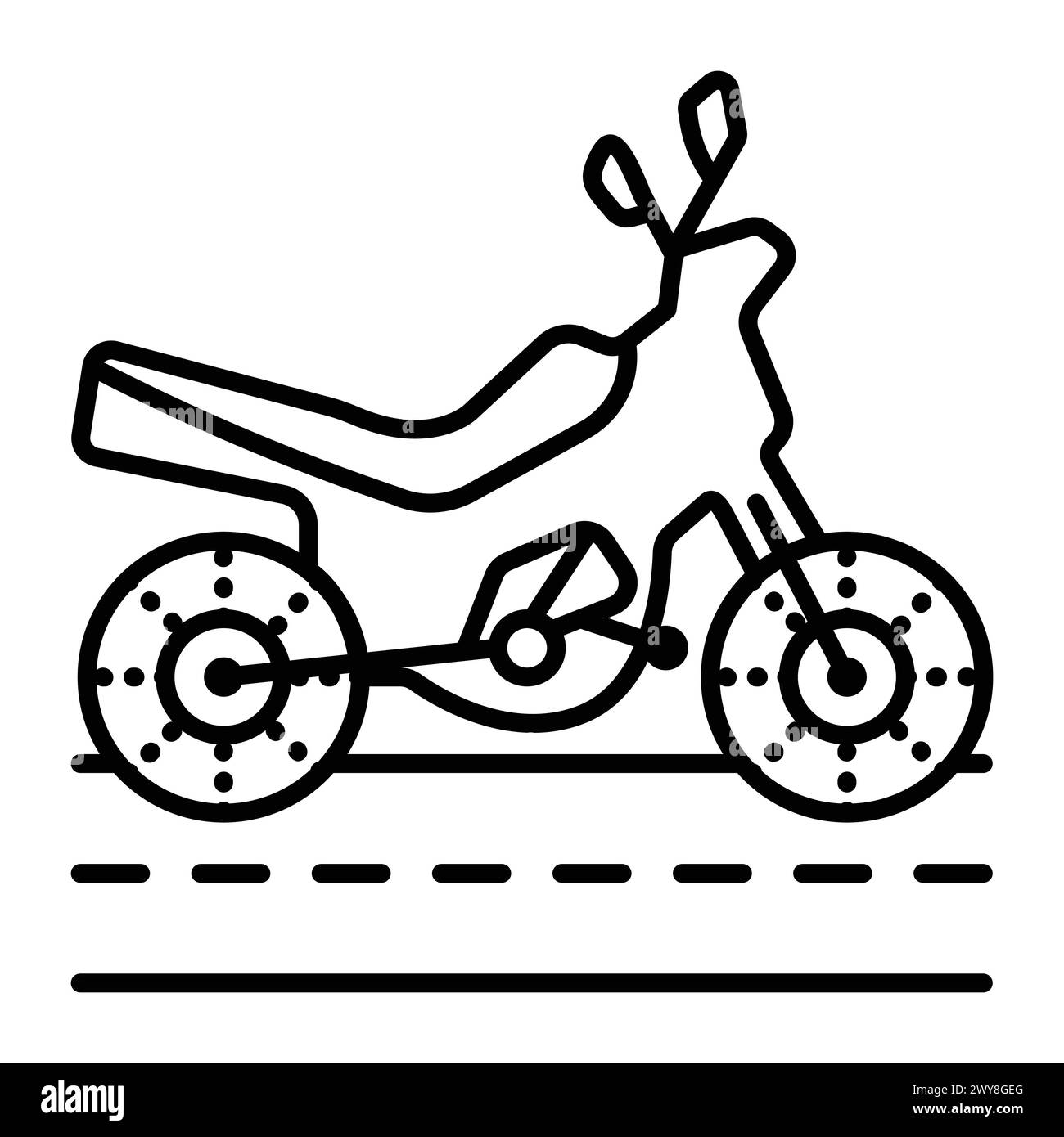 Icona vettoriale della linea nera della motocicletta, trasporto mobile moderno, pittogramma della vista laterale della motocicletta, veicolo a due ruote Illustrazione Vettoriale