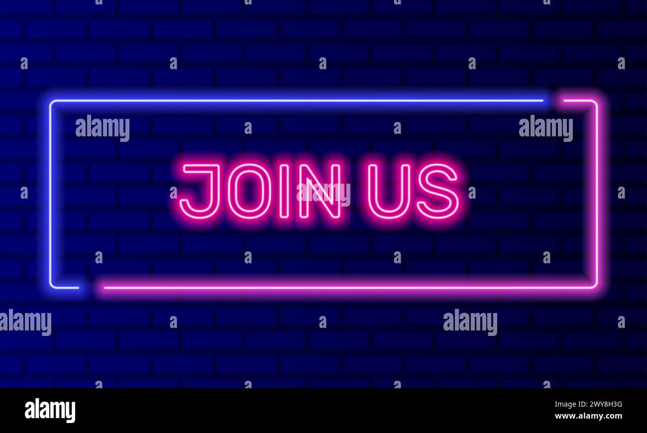 Insegna al neon Unisciti a noi nella cornice a bolla sul vettore di sfondo della parete di mattoni. Banner luminoso sullo sfondo della parete. Unisciti a noi pulsante registrazione Web, design Illustrazione Vettoriale