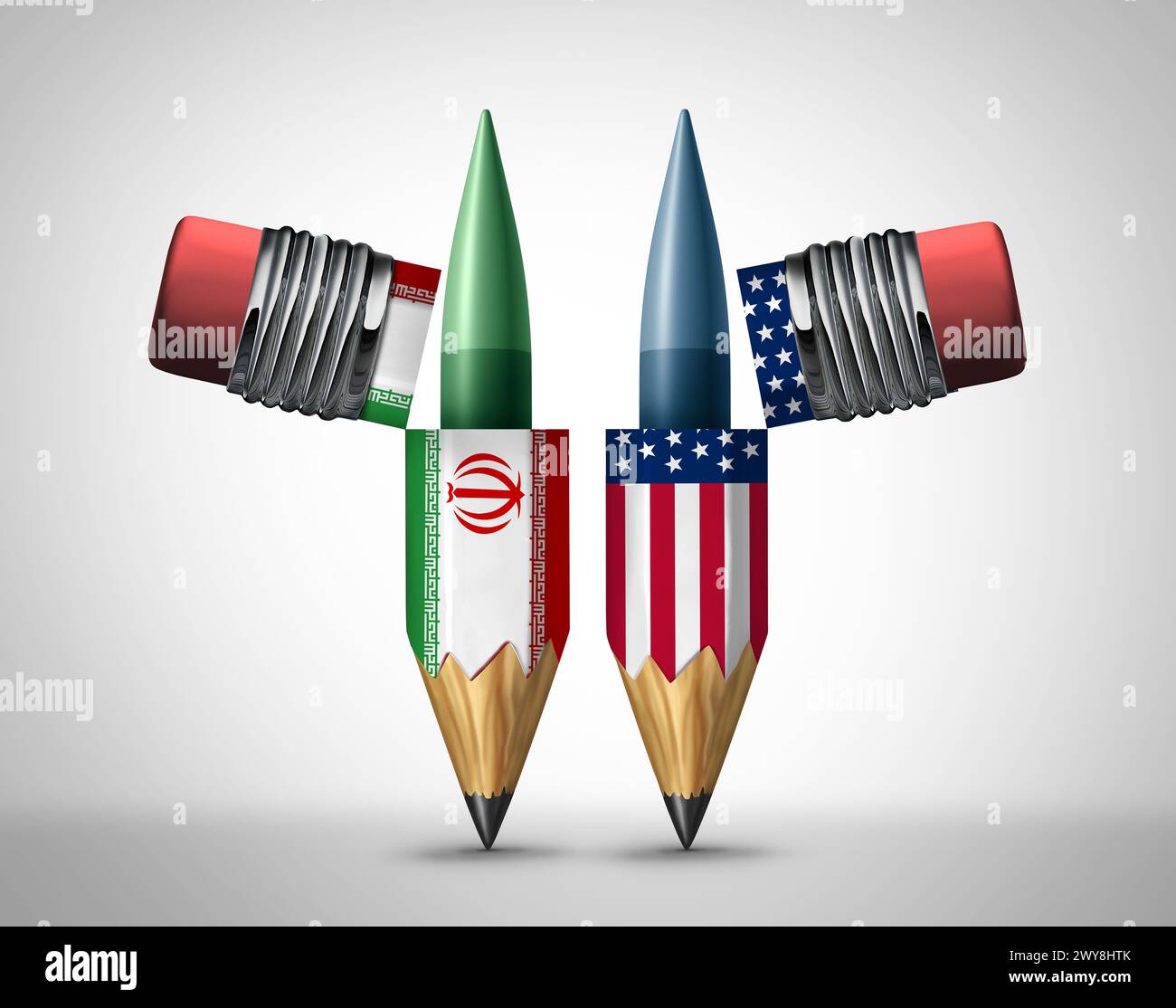 Iran diplomazia o guerra degli Stati Uniti come armi americane e armi iraniane all'interno di matite che rappresentano gli strumenti per sfidare la diplomazia o il fallimento diplomatico ris Foto Stock