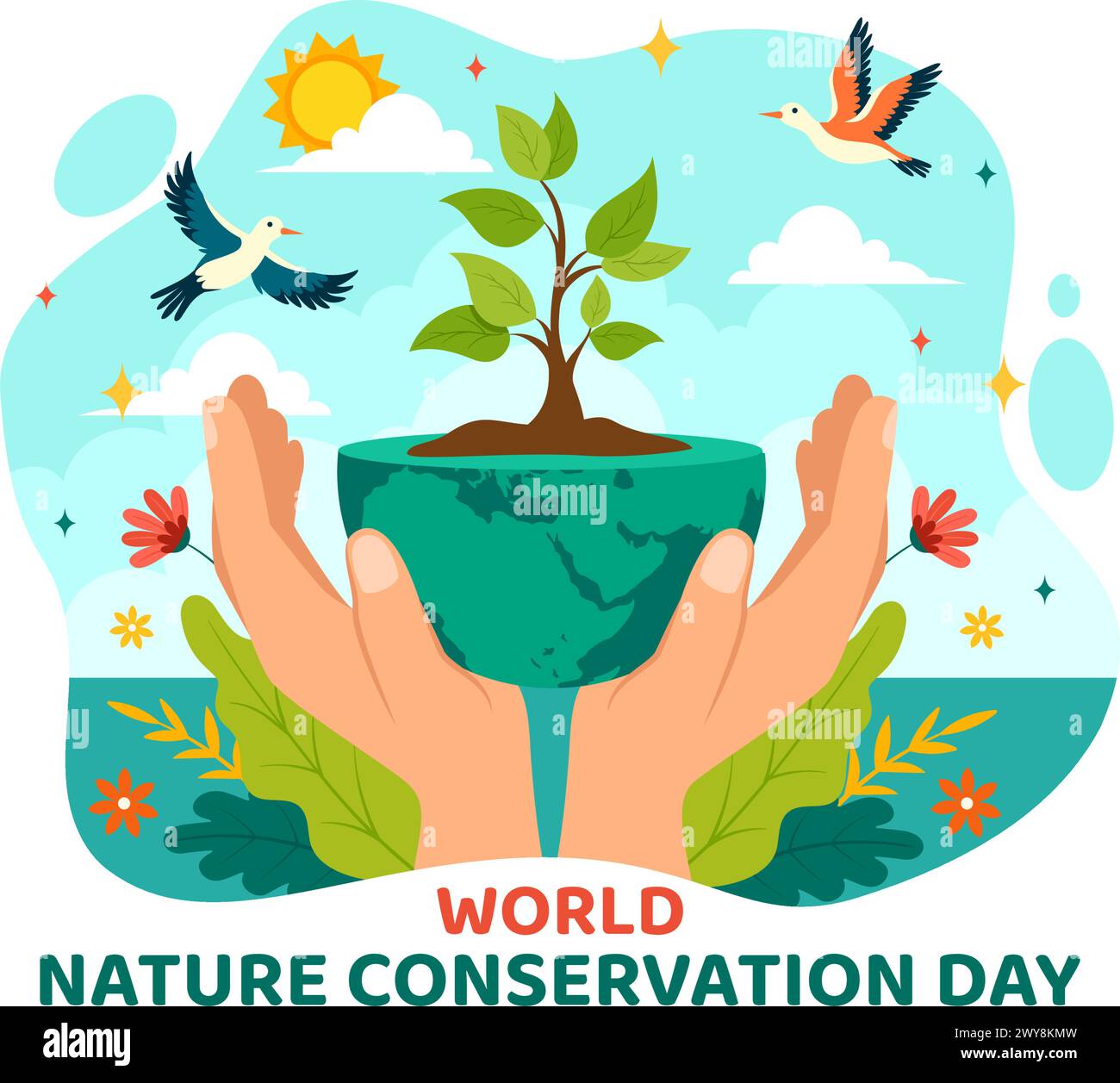Illustrazione vettoriale della giornata mondiale della conservazione della natura con mappa mondiale, albero ed ecologia ecologica per la conservazione su sfondo piatto di cartone animato Illustrazione Vettoriale
